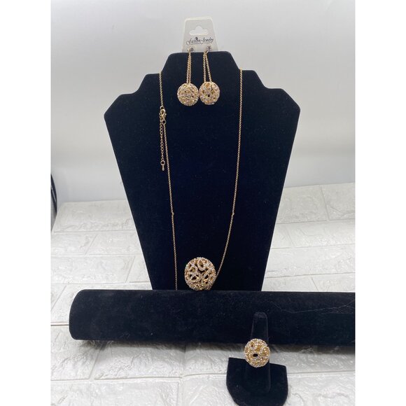 Fashion Jewelry Women’s Necklace Set Gold Plated Rhinestones Earrings & Ring - Picture 5 of 14